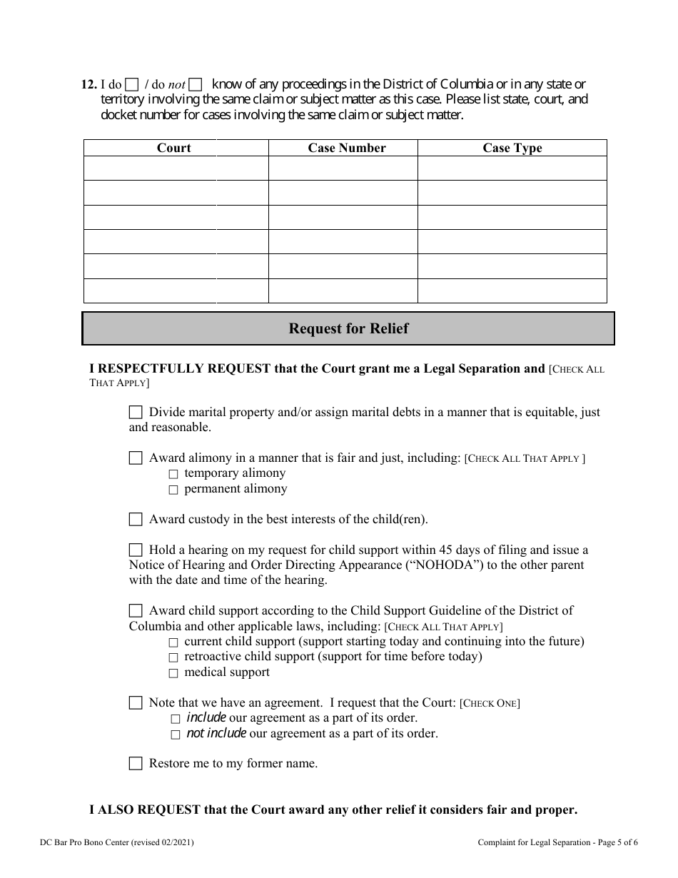 Complaint for Legal Separation - Washington, D.C., Page 5