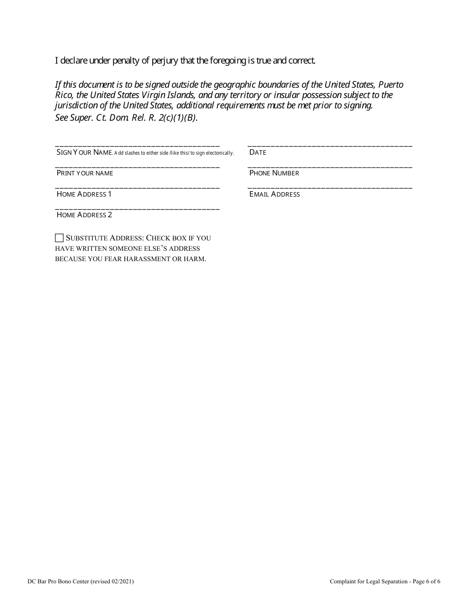 Complaint for Legal Separation - Washington, D.C., Page 6