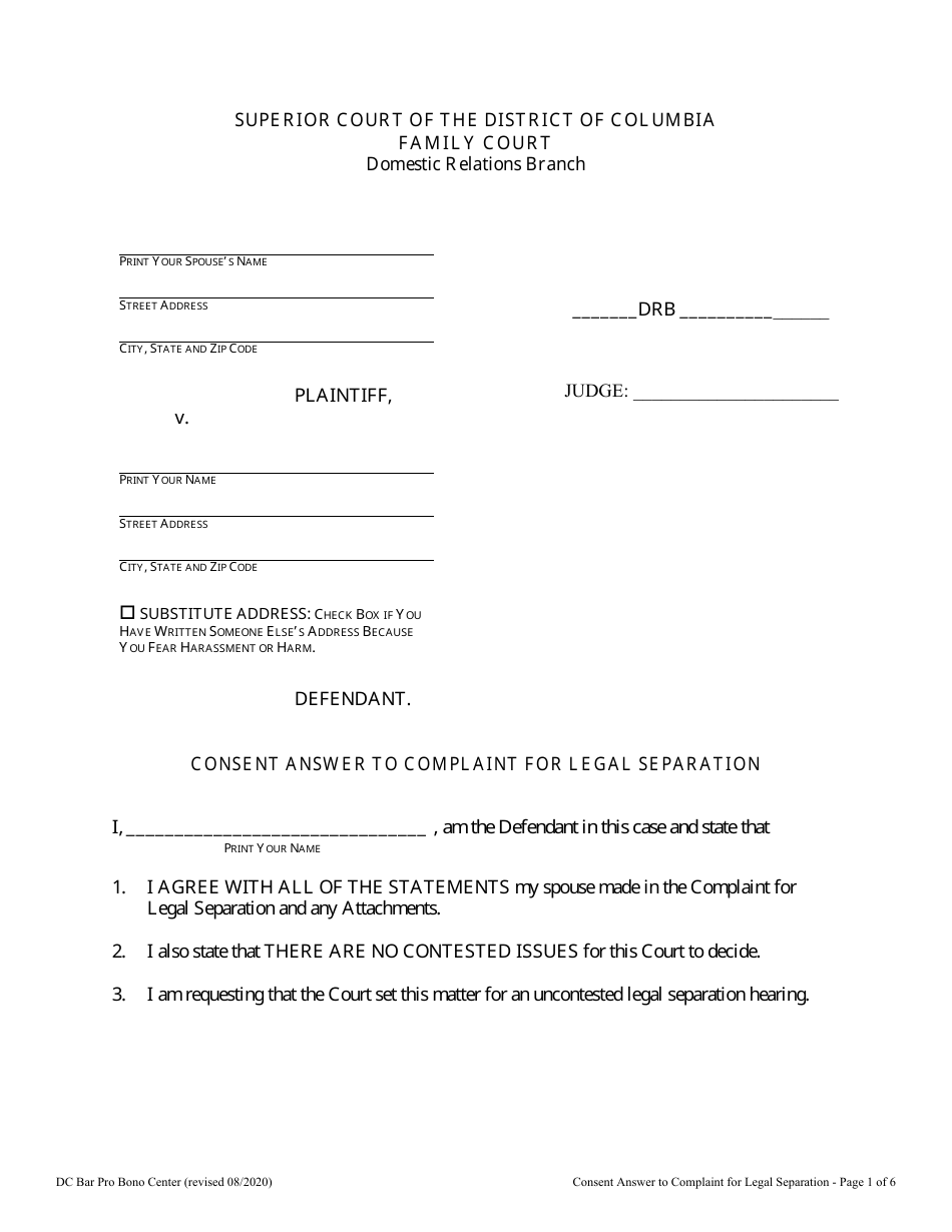 Consent Answer to Complaint for Legal Separation - Washington, D.C., Page 1