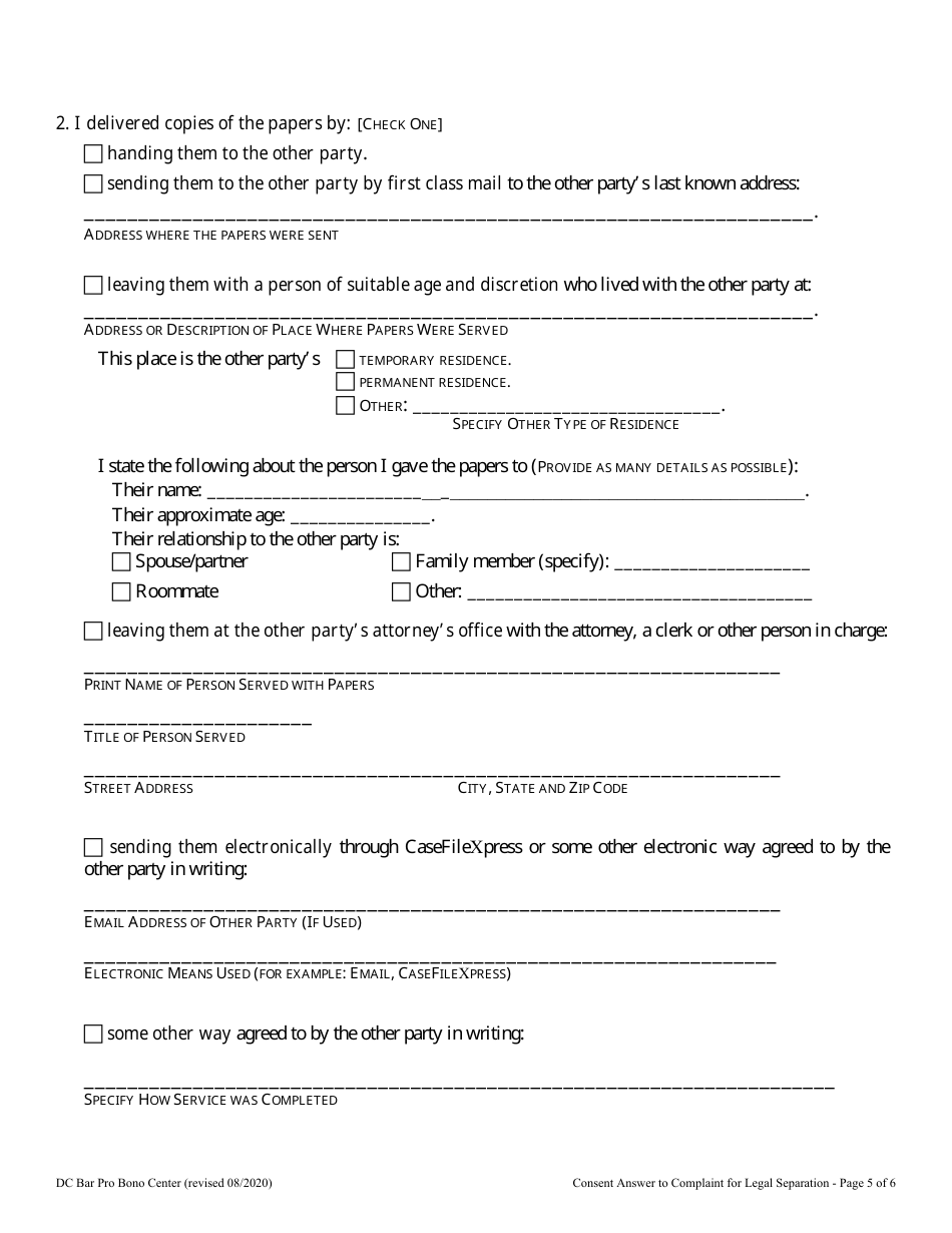 Consent Answer to Complaint for Legal Separation - Washington, D.C., Page 5