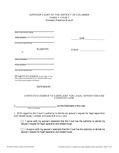Contested Answer to Complaint for Legal Separation and Counterclaim - Washington, D.C. Download Pdf
