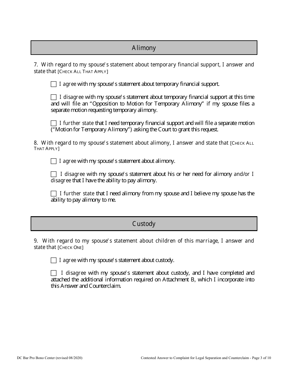 Contested Answer to Complaint for Legal Separation and Counterclaim - Washington, D.C., Page 3