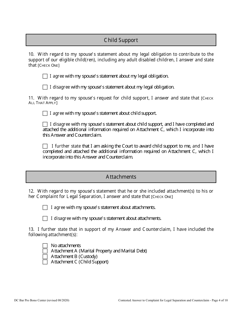 Contested Answer to Complaint for Legal Separation and Counterclaim - Washington, D.C., Page 4