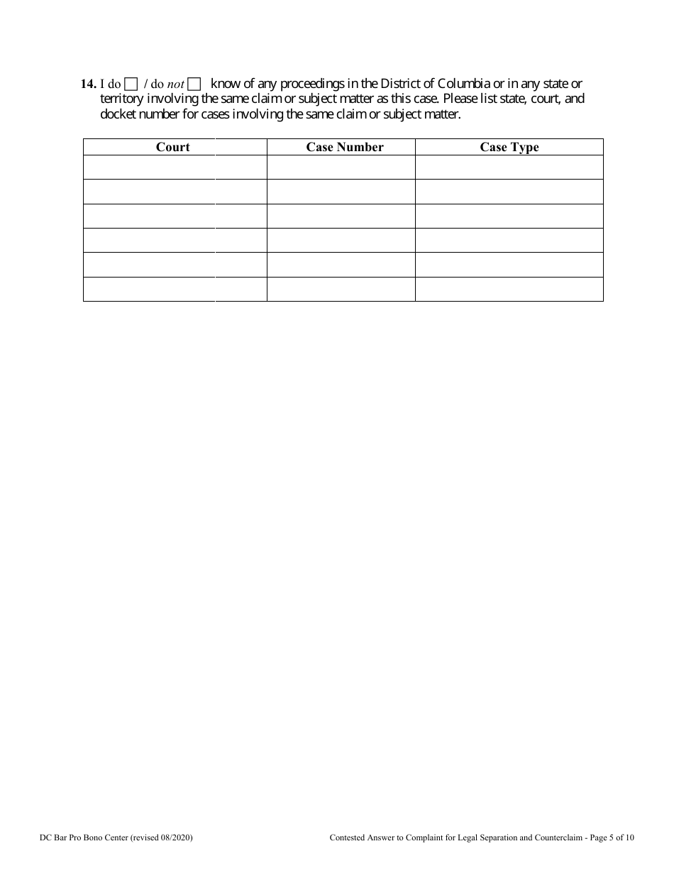 Contested Answer to Complaint for Legal Separation and Counterclaim - Washington, D.C., Page 5