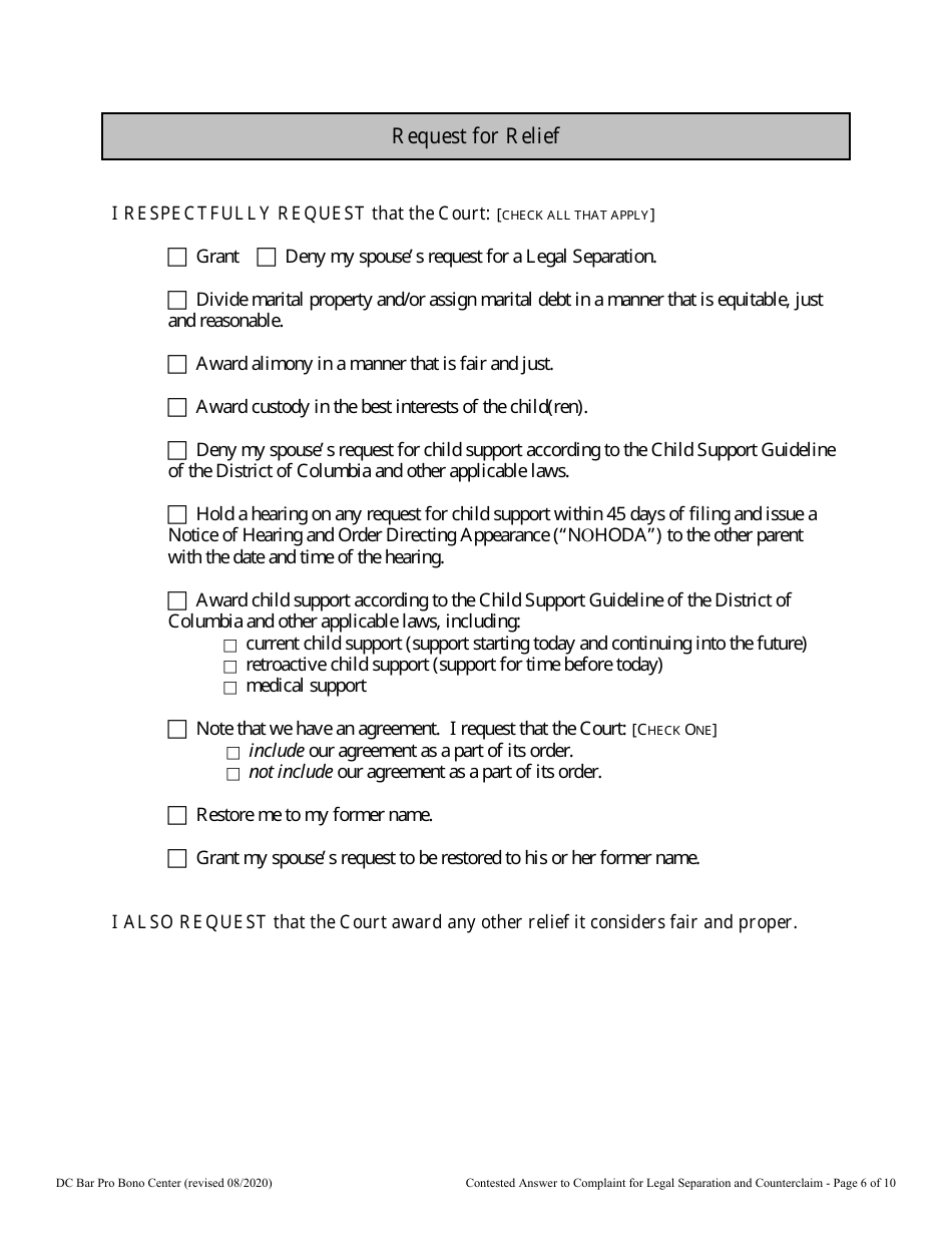 Contested Answer to Complaint for Legal Separation and Counterclaim - Washington, D.C., Page 6
