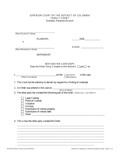 Document preview: Motion for Contempt of a Domestic Relations Order - Washington, D.C.