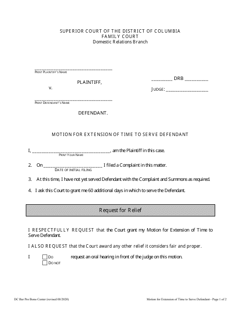 Motion for Extension of Time to Serve Defendant - Washington, D.C. Download Pdf
