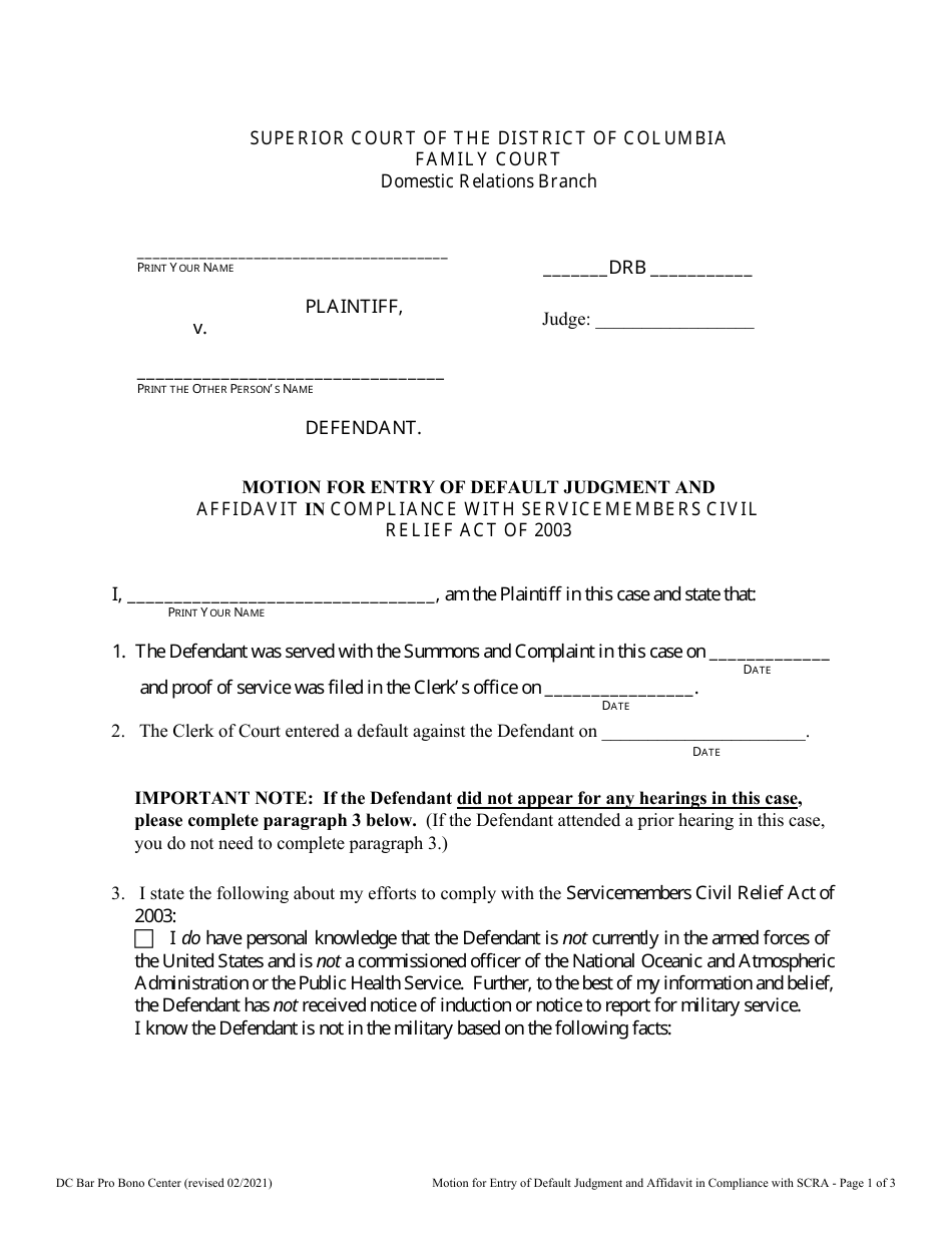 Motion for Entry of Default Judgment and Affidavit in Compliance With Servicemembers Civil Relief Act of 2003 - Washington, D.C., Page 1