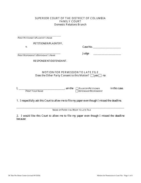 Motion for Permission to Late File - Columbia, Washington, D.C. Download Pdf