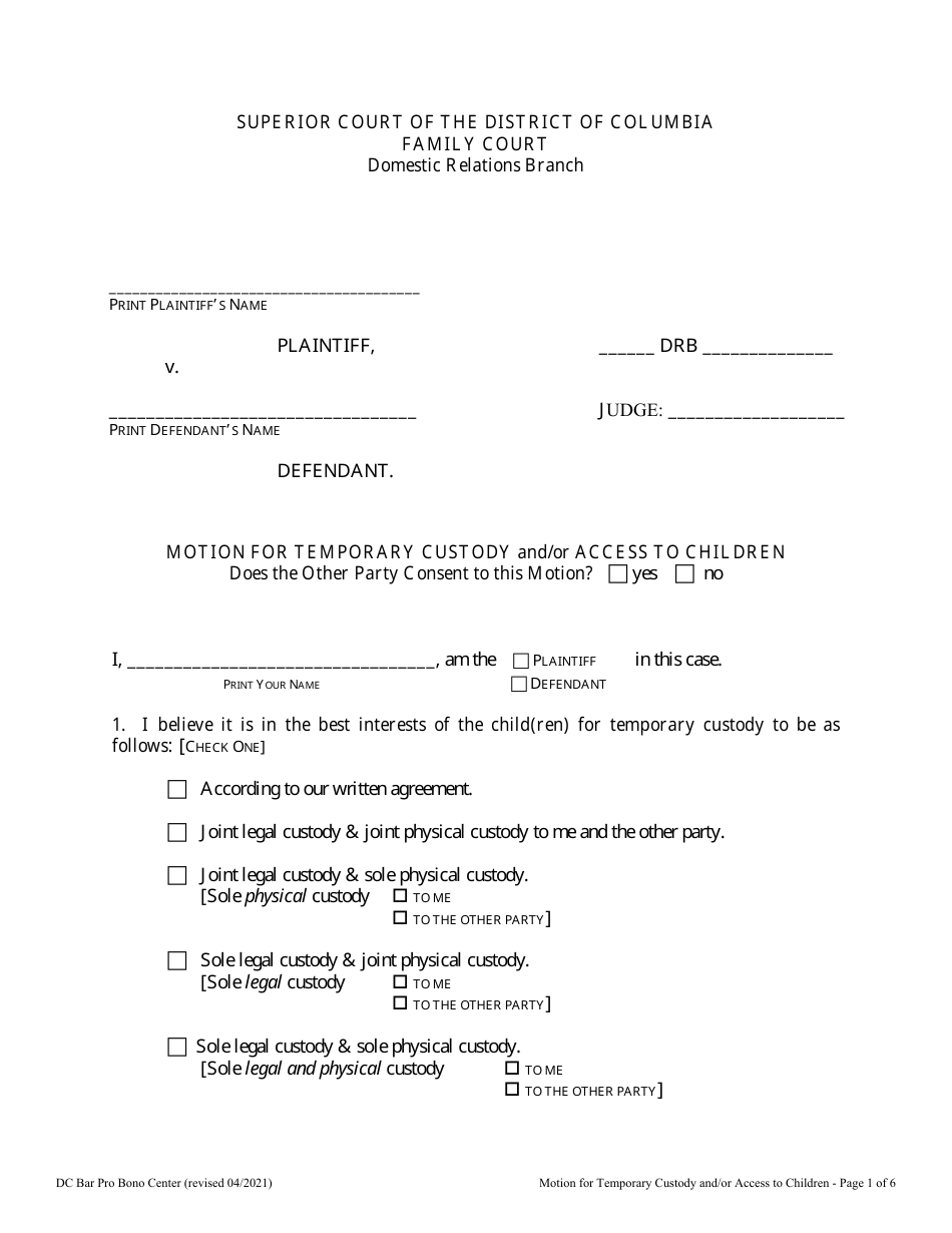 Motion for Temporary Custody and/or Access to Children - Washington, D.C., Page 1