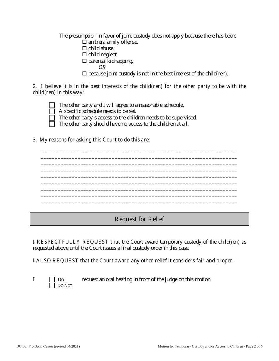 Motion for Temporary Custody and / or Access to Children - Washington, D.C., Page 2