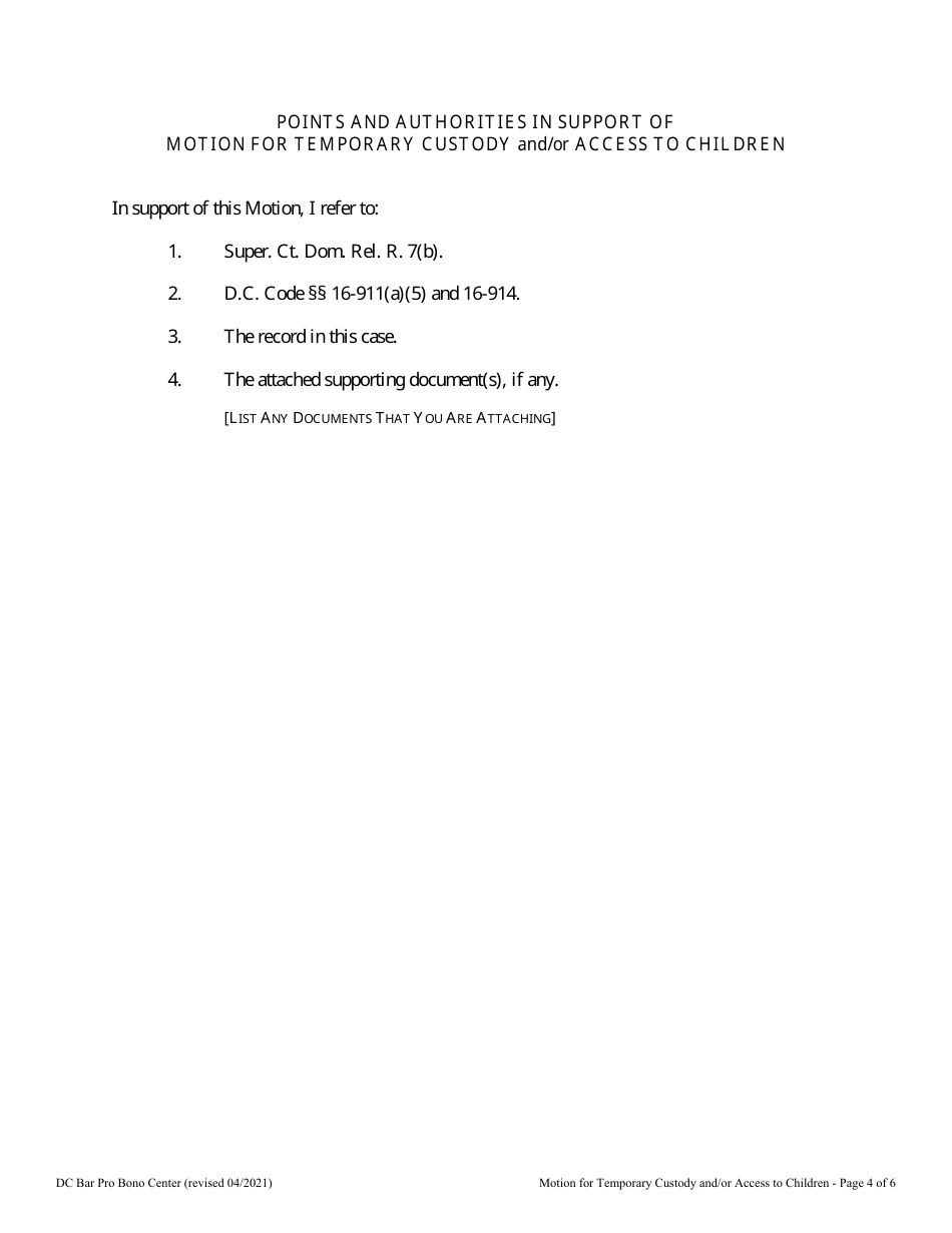 Motion for Temporary Custody and / or Access to Children - Washington, D.C., Page 4