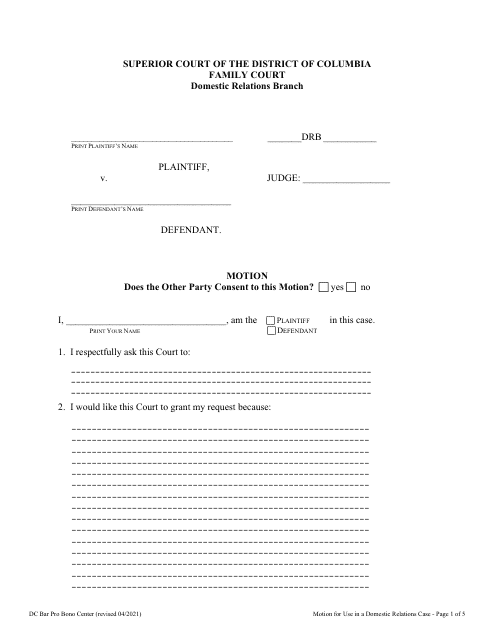 Motion for Use in a Domestic Relations Case - Washington, D.C. Download Pdf
