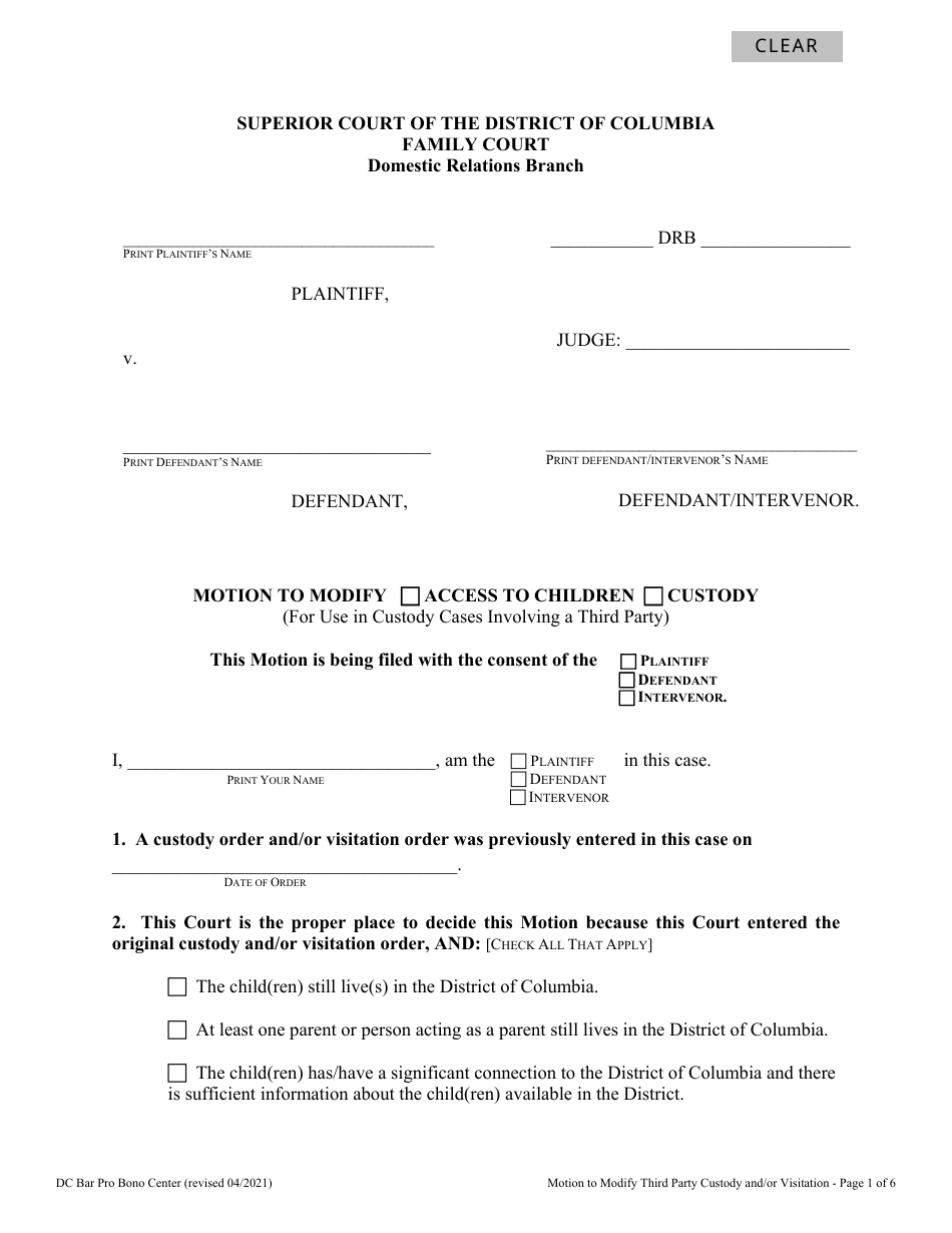 Motion to Modify Third Party Custody and / or Visitation - Washington, D.C., Page 1