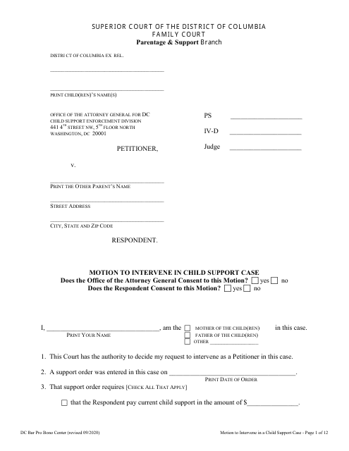 Document preview: Motion to Intervene in a Child Support Case - Washington, D.C.