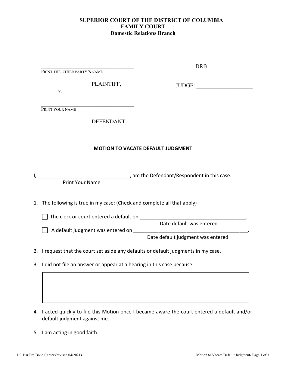 Washington, D.C. Motion to Vacate Default Judgment Fill Out, Sign