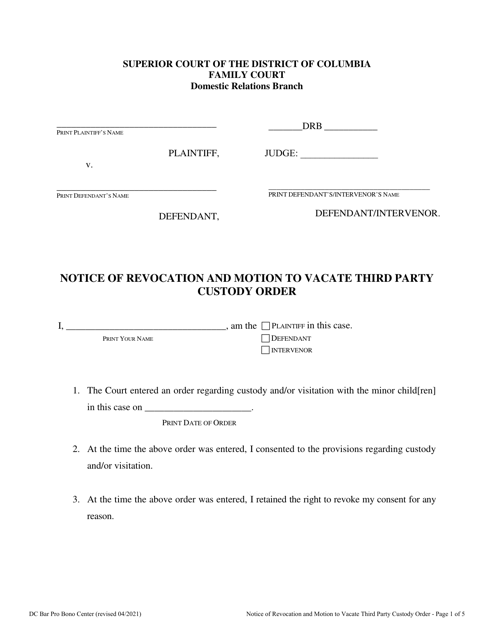 Notice of Revocation and Motion to Vacate Third Party Custody Order - Washington, D.C. Download Pdf