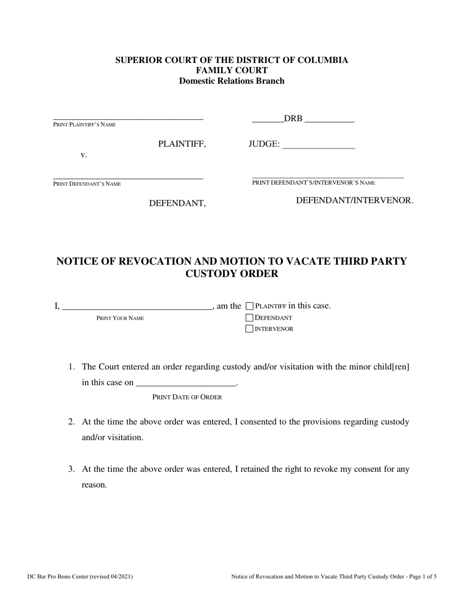 Notice of Revocation and Motion to Vacate Third Party Custody Order - Washington, D.C., Page 1