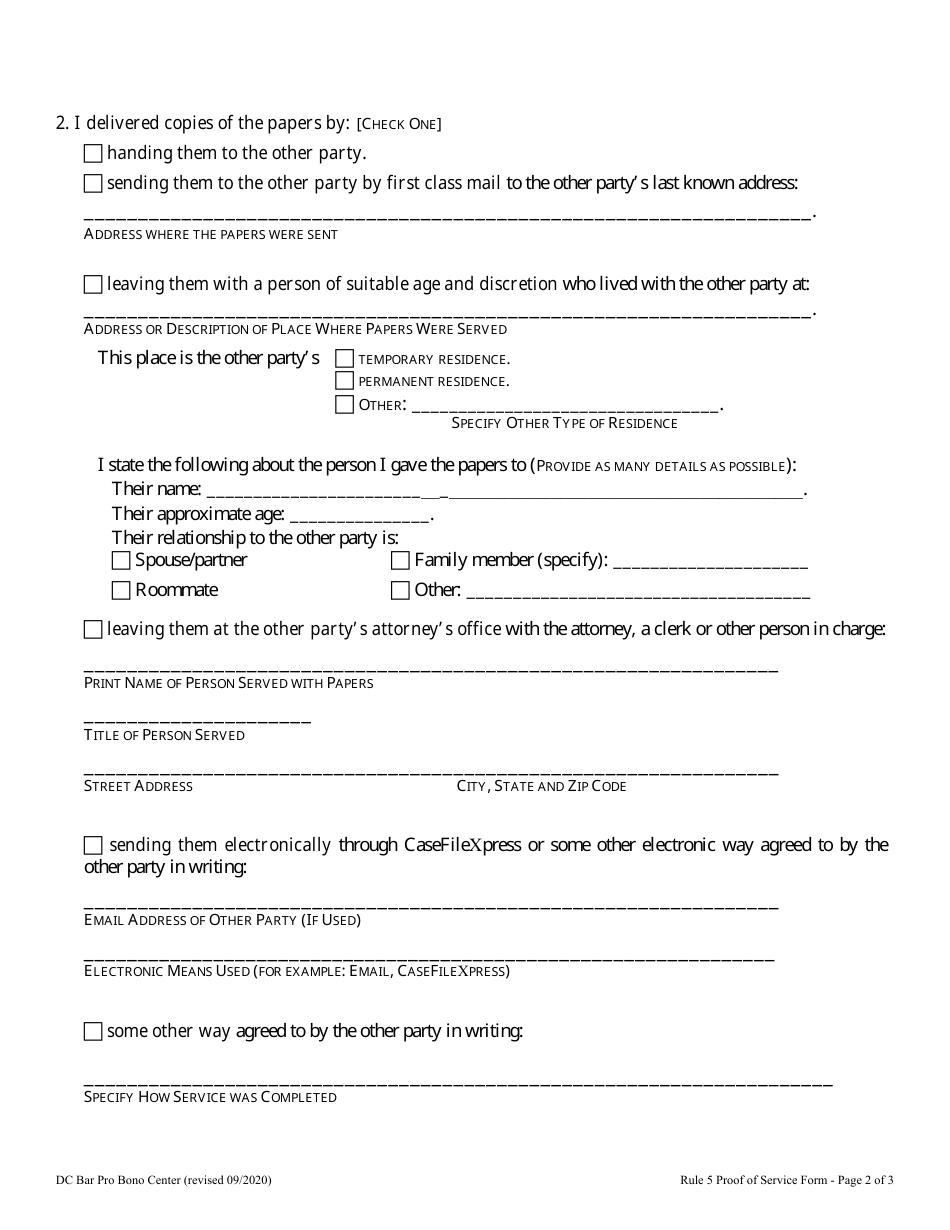 Rule 5 Proof of Service Form - Washington, D.C., Page 2