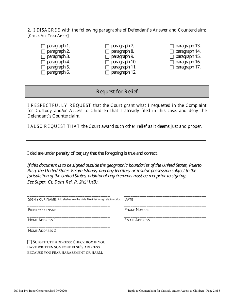 Reply to Counterclaim for Custody and / or Access to Children - Washington, D.C., Page 2