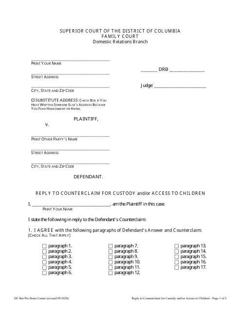 Reply to Counterclaim for Custody and/or Access to Children - Washington, D.C. Download Pdf