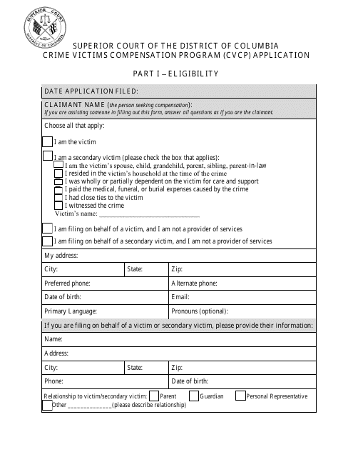 Washington, D.C. Crime Victims Compensation Program (Cvcp) Application
