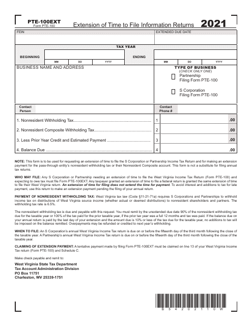 Form PTE-100EXT 2021 Printable Pdf