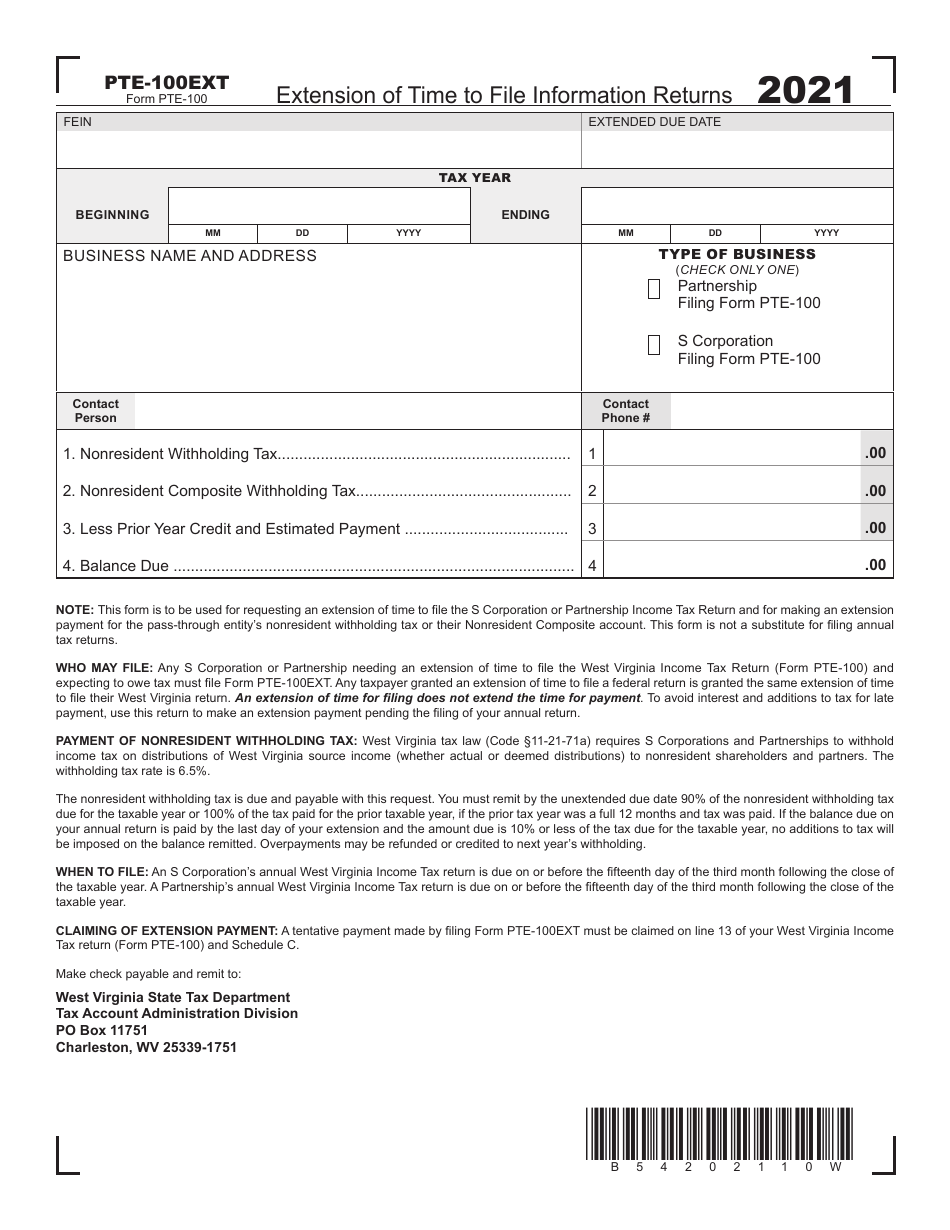 Form Pte 100ext Download Printable Pdf Or Fill Online Extension Of Time To File Information 9986