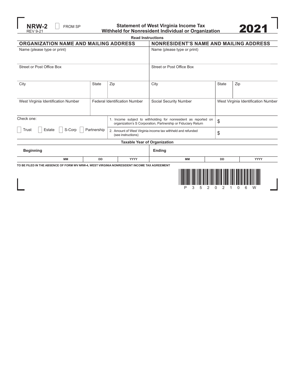 Form NRW-2 Statement of West Virginia Income Tax Withheld for Nonresident Individual or Organization - West Virginia, Page 1