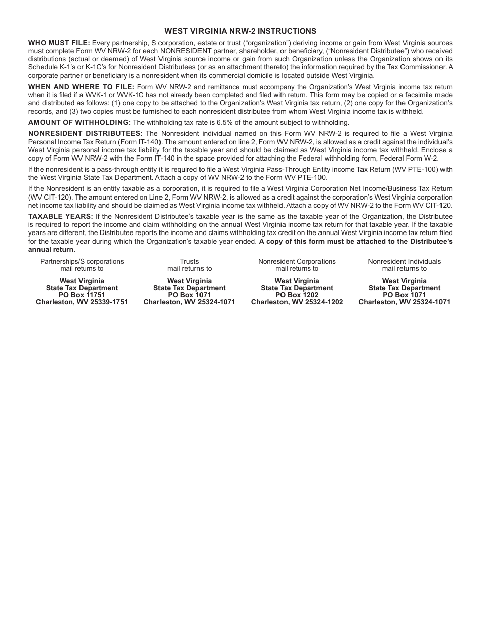 Form NRW-2 Statement of West Virginia Income Tax Withheld for Nonresident Individual or Organization - West Virginia, Page 2