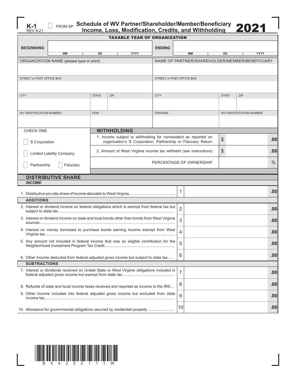 Schedule K-1 Schedule of Wv Partner / Shareholder / Member / Beneficiary Income, Loss, Modification, Credits, and Withholding - West Virginia, Page 1