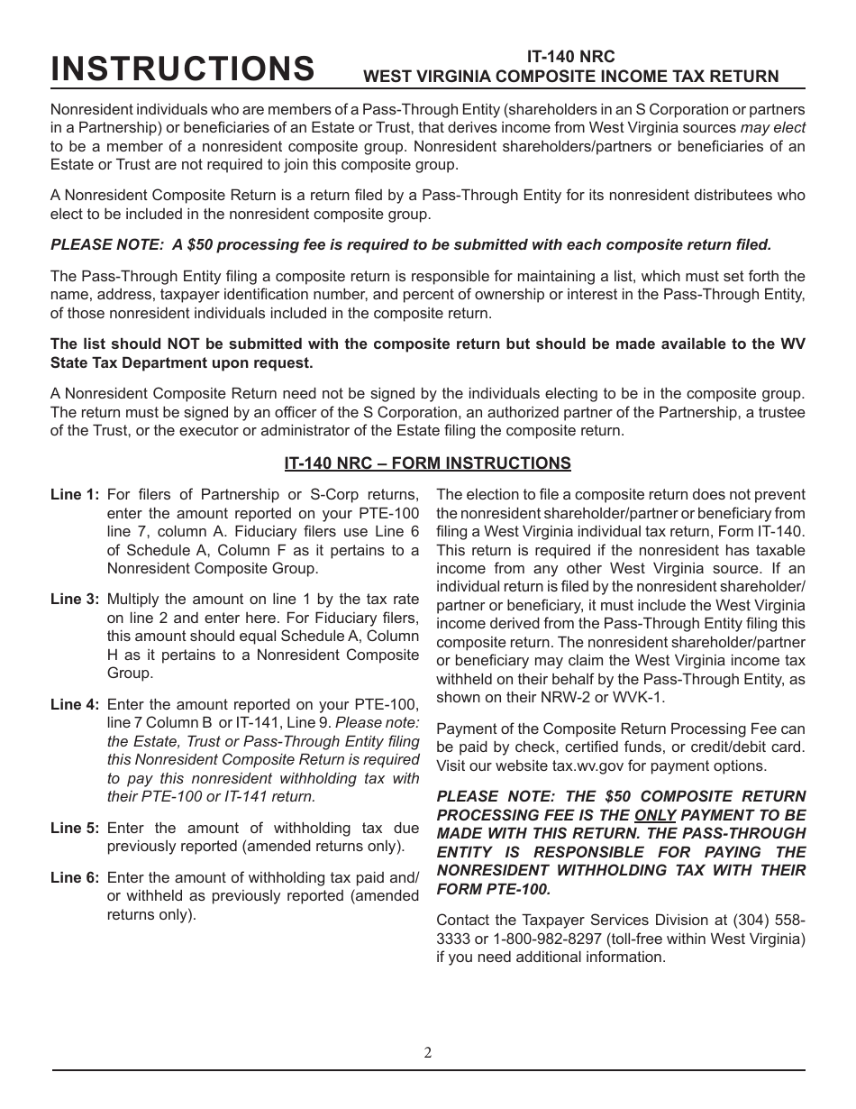 Form IT-140 NRC West Virginia Nonresident Composite Return - West Virginia, Page 2