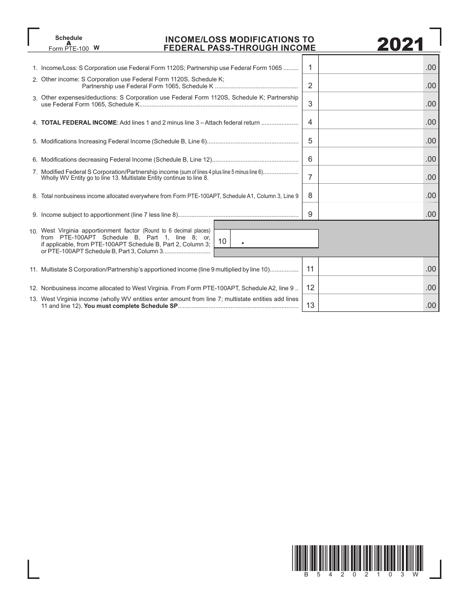 Form PTE-100 Schedule A Income/Loss Modifications to Federal Pass-Through Income - West Virginia, Page 1