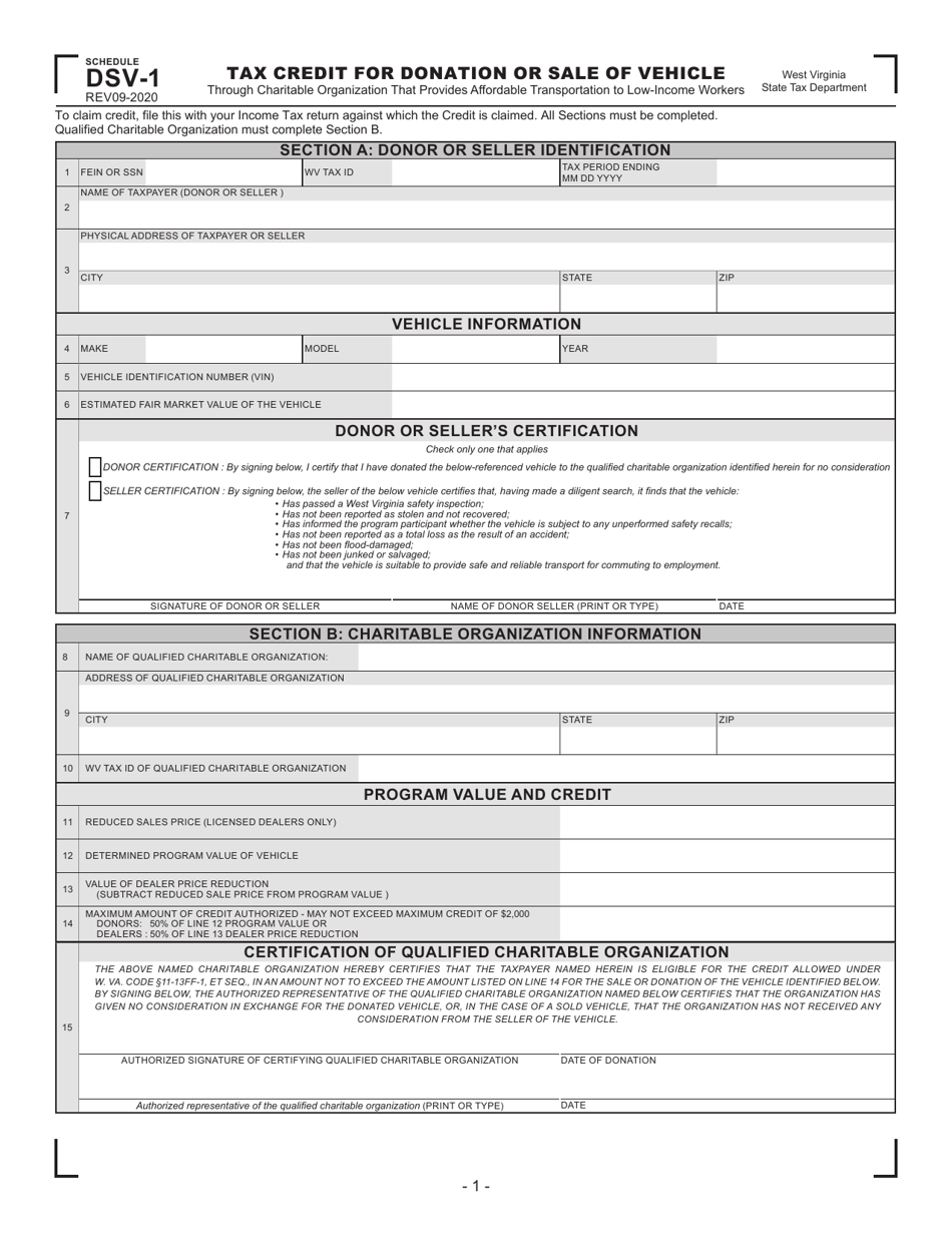 Schedule DSV-1 Tax Credit for Donation or Sale of Vehicle Through Charitable Organization That Provides Affordable Transportation to Low-Income Workers - West Virginia, Page 1