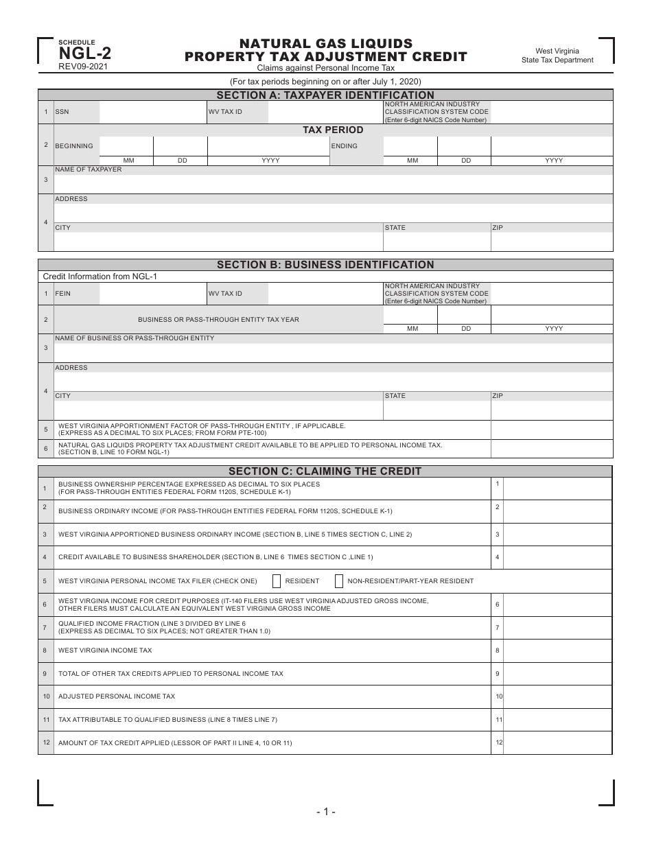 West Virginia Natural Gas Liquids Property Tax Adjustment Credit Fill