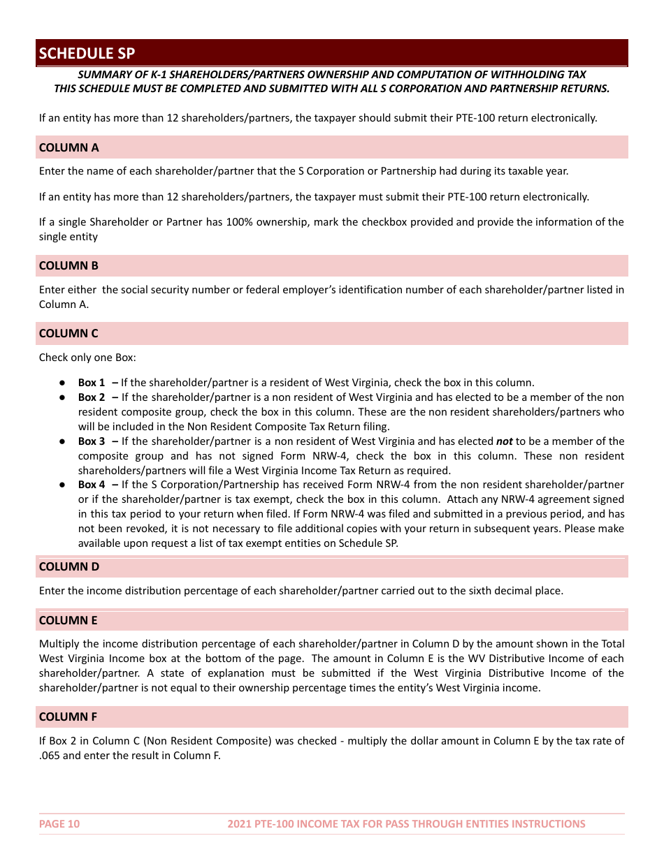Instructions for Form PTE-100 West Virginia Income Tax Return S Corporation  Partnership (Pass-Through Entity) - West Virginia, Page 10