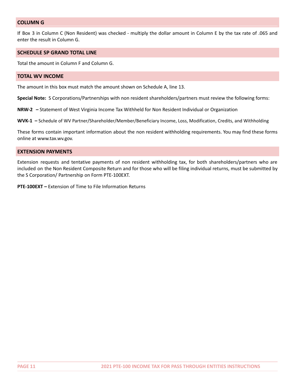 Instructions for Form PTE-100 West Virginia Income Tax Return S Corporation  Partnership (Pass-Through Entity) - West Virginia, Page 11
