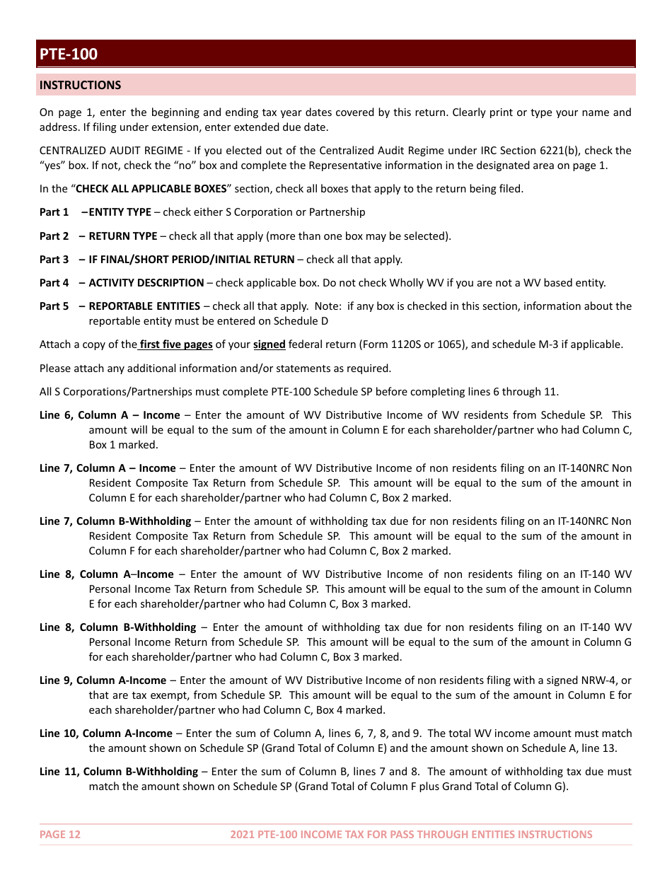 Instructions for Form PTE-100 West Virginia Income Tax Return S Corporation  Partnership (Pass-Through Entity) - West Virginia, Page 12