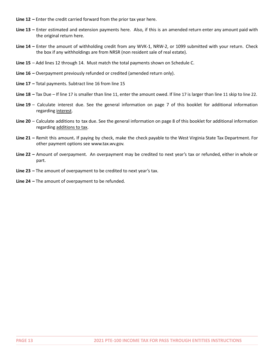 Instructions for Form PTE-100 West Virginia Income Tax Return S Corporation  Partnership (Pass-Through Entity) - West Virginia, Page 13