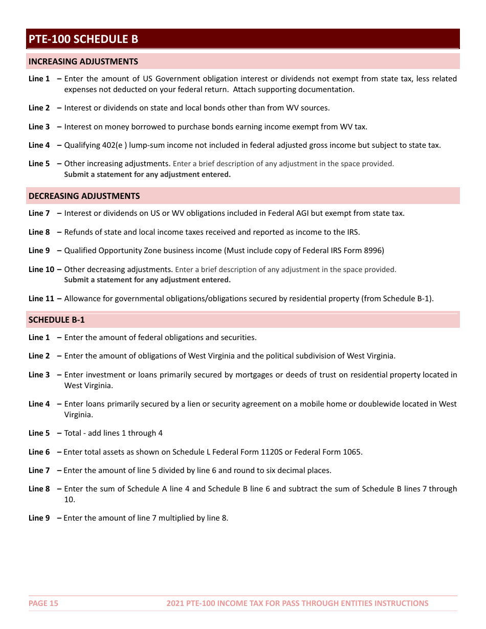 Instructions for Form PTE-100 West Virginia Income Tax Return S Corporation  Partnership (Pass-Through Entity) - West Virginia, Page 15