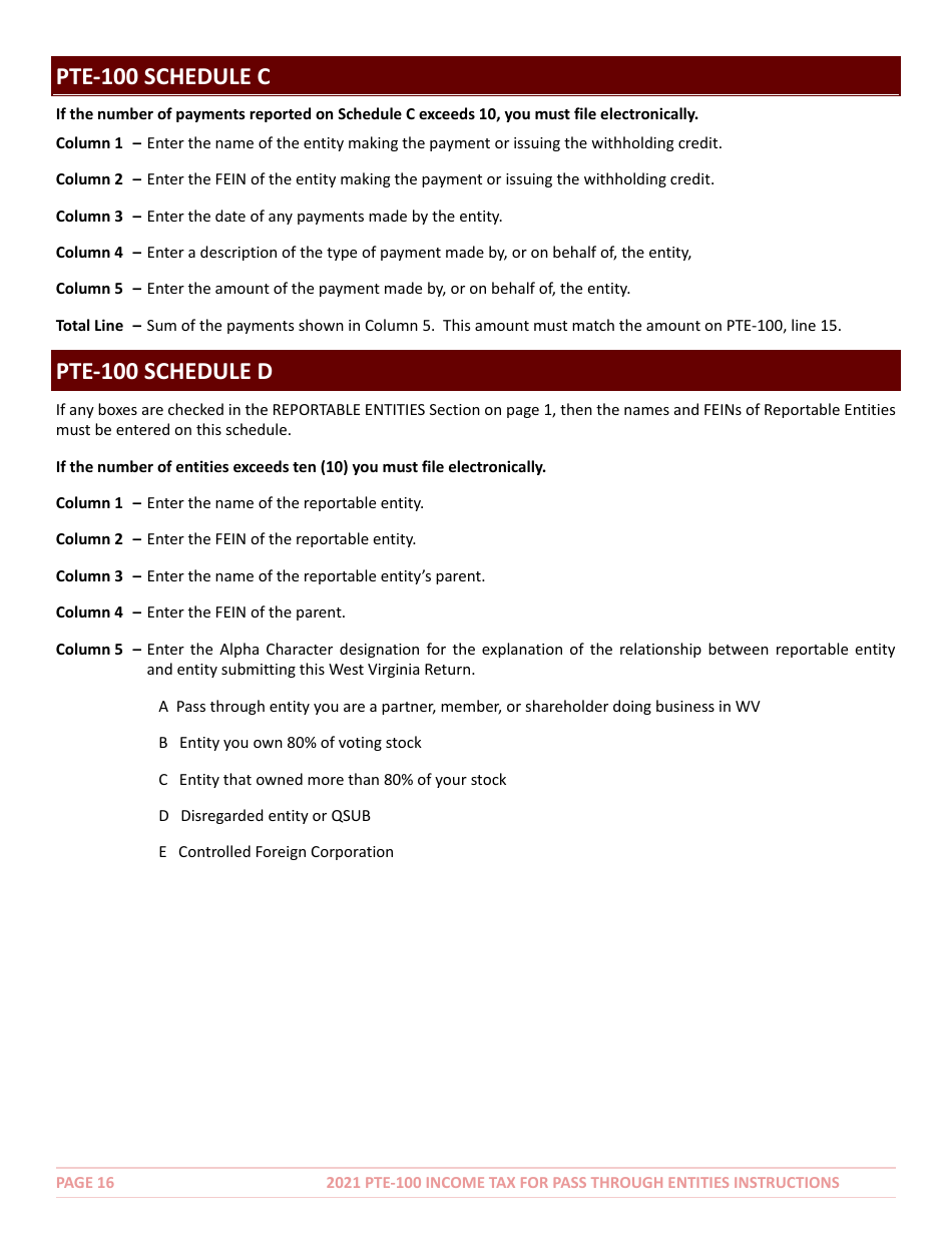 Instructions for Form PTE-100 West Virginia Income Tax Return S Corporation  Partnership (Pass-Through Entity) - West Virginia, Page 16