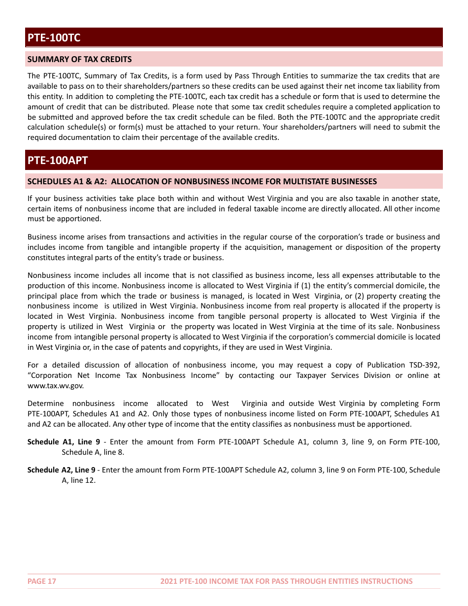 Instructions for Form PTE-100 West Virginia Income Tax Return S Corporation  Partnership (Pass-Through Entity) - West Virginia, Page 17