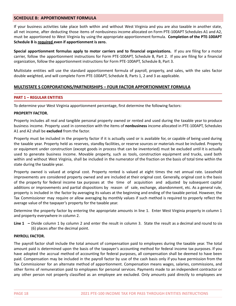 Instructions for Form PTE-100 West Virginia Income Tax Return S Corporation  Partnership (Pass-Through Entity) - West Virginia, Page 18