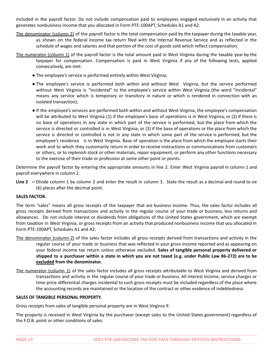 Instructions for Form PTE-100 West Virginia Income Tax Return S Corporation  Partnership (Pass-Through Entity) - West Virginia, Page 19