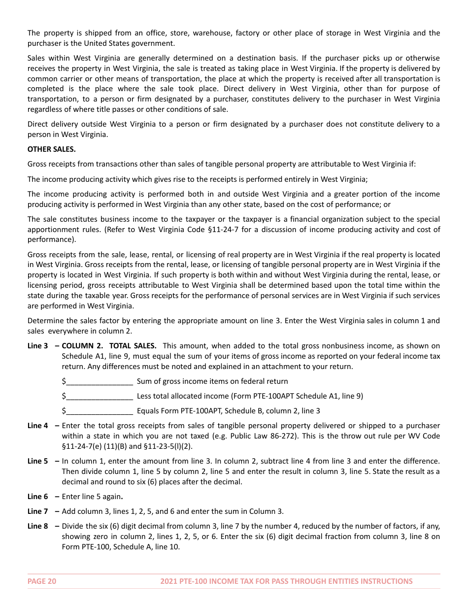 Instructions for Form PTE-100 West Virginia Income Tax Return S Corporation  Partnership (Pass-Through Entity) - West Virginia, Page 20