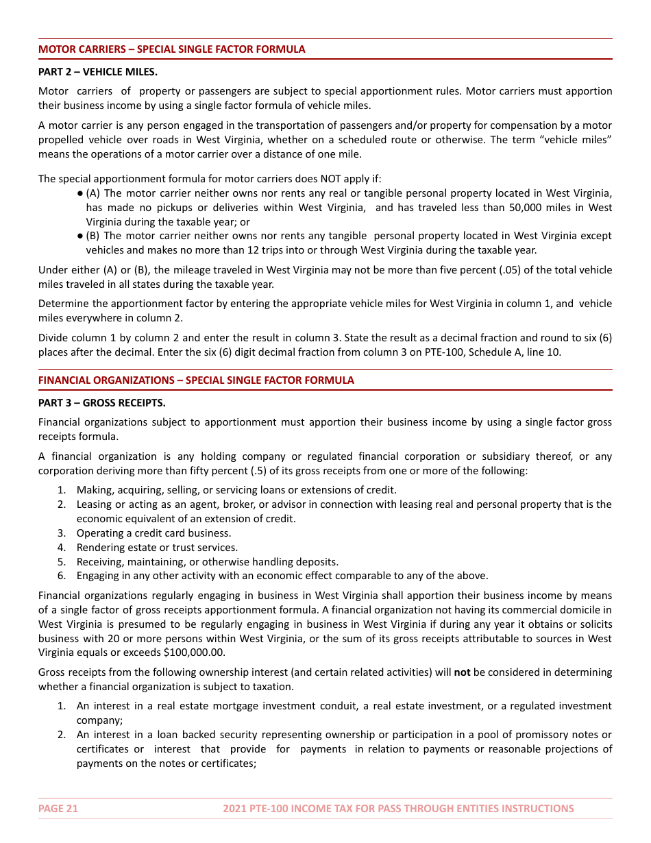 Instructions for Form PTE-100 West Virginia Income Tax Return S Corporation  Partnership (Pass-Through Entity) - West Virginia, Page 21