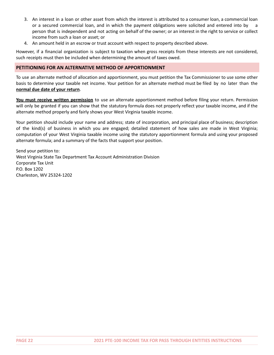 Instructions for Form PTE-100 West Virginia Income Tax Return S Corporation  Partnership (Pass-Through Entity) - West Virginia, Page 22