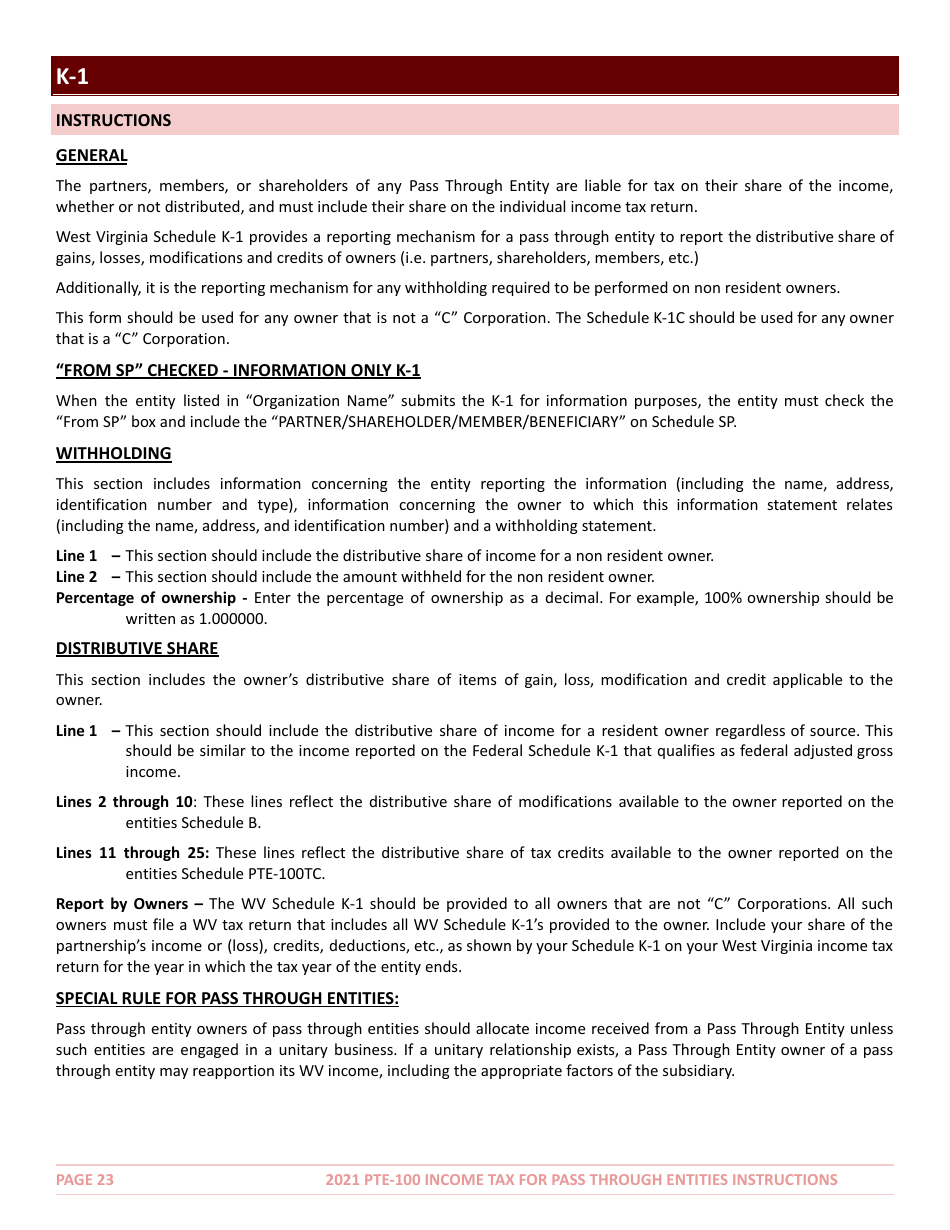 Instructions for Form PTE-100 West Virginia Income Tax Return S Corporation  Partnership (Pass-Through Entity) - West Virginia, Page 23