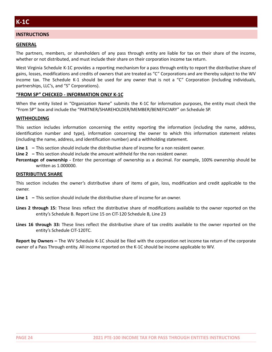 Instructions for Form PTE-100 West Virginia Income Tax Return S Corporation  Partnership (Pass-Through Entity) - West Virginia, Page 24