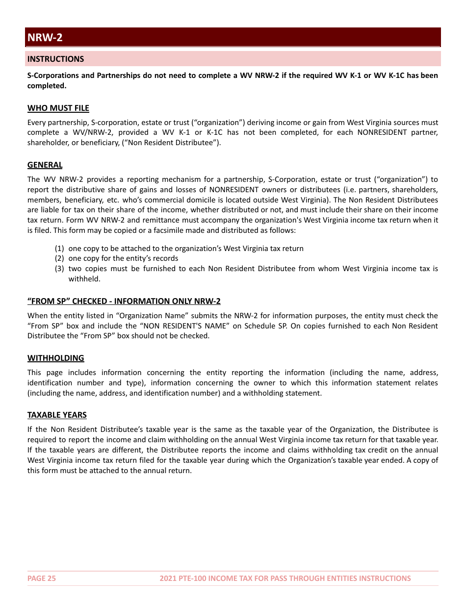 Instructions for Form PTE-100 West Virginia Income Tax Return S Corporation  Partnership (Pass-Through Entity) - West Virginia, Page 25